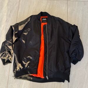 Zara Black Bomber Jacket with Vibrant Orange Interior